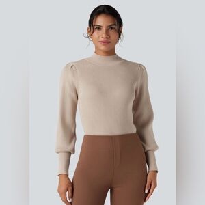 HALARA Beige Ribbed Mock-Neck Sweater with Puff Shoulders